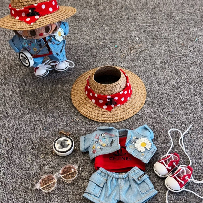 7-Piece Summer Travel Outfit Set for 17cm ALULU Doll – Includes Straw Hat, Denim Jacket & Shorts, Glasses, Red Top, Sneakers & Round Bag (Doll Not Included)