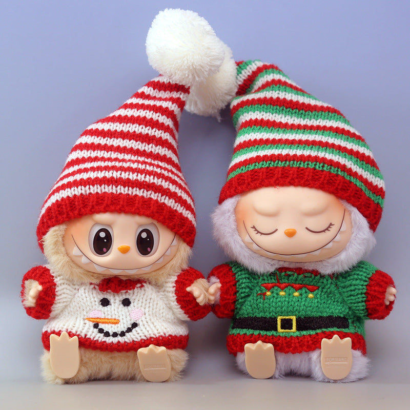 2-Piece Christmas Knit Outfit Set for 17cm ALULU Doll – Includes Striped Hat and Festive Sweater (Elf or Snowman Design, Doll Not Included)