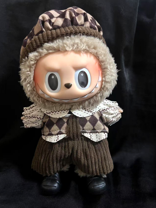 5-Piece Labubu Doll Autumn/Winter Outfit Set – Vintage Plaid Beret, Knit Pants, and Coat | Elegant Noble Style for 17cm/6.69inch Labubu Dolls (Doll Not Included)