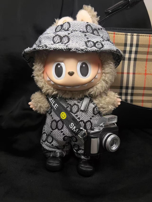 5-Piece Labubu Doll Fashion Outfit Set – Monogram Overalls, Fisherman Hat, Shoes and Camera Accessory for Stylish Street Photography | Fits 17cm/6.69inch Dolls (Doll Not Included)