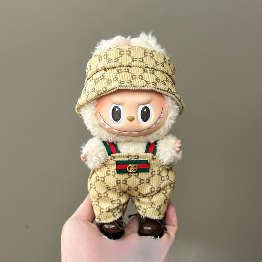 2-Piece Retro Monogram Set for 17cm/6.69inch Labubu – Beige Bucket Hat + Branded Overalls (Doll Not Included)