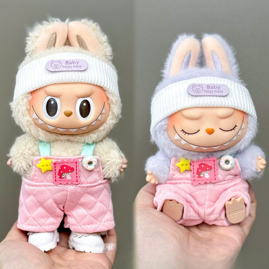 3-Piece Labubu Outfit Set – Cute Mushroom Patch Overalls + White Headband + Doll Shoes for 17cm/6.69inch Labubu