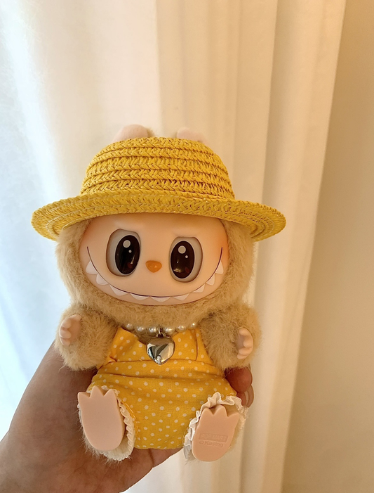 3-Piece Summer Beach Set for 17cm/6.69inch Labubu Dolls (White/Yellow/Red/Green, Doll Not Included) – Swimsuit, Necklace & Hat