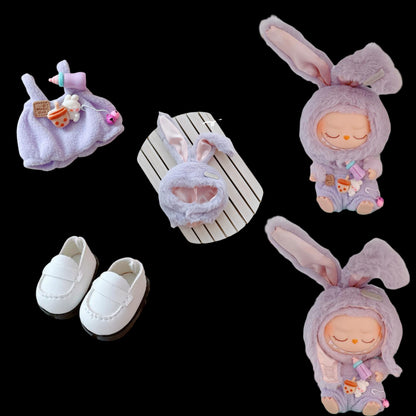3-Piece Labubu Doll Outfit Set – Purple Bunny Overalls, Hat and Shoes for Gen 1/2 17cm (6.69inch) Dolls, Adorably Playful Look for Everyday Styling or Gifting