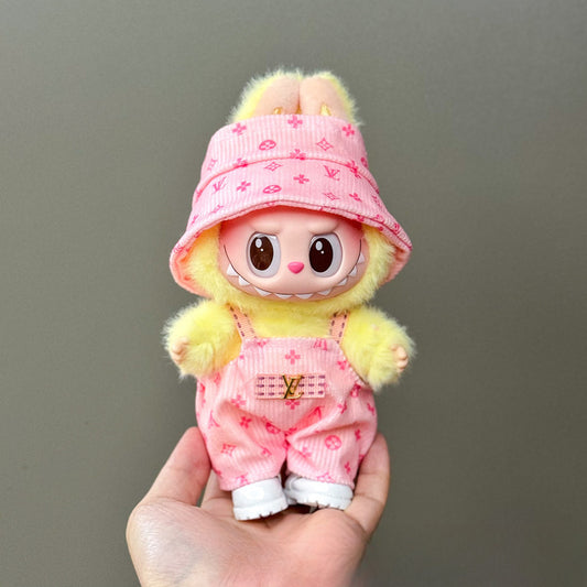 2-Piece Pink Monogram Outfit for 17cm/6.69inch Labubu – Bucket Hat + Overalls Set (Doll Not Included)