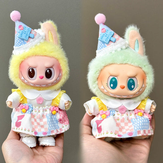 3-Piece Birthday Party Dress Set for 17cm/6.69inch Labubu – Colorful Apron Dress + Party Hat + Shoes (Doll Not Included)