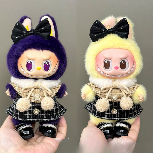 3-Piece Elegant Labubu Outfit – Pearl Bow Cape + Plaid Skirt + Patent Shoes for 17cm/6.69inch Labubu