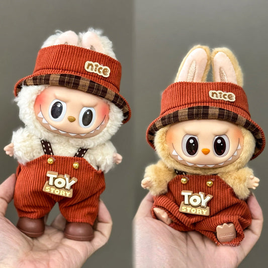 3-Piece Labubu Outfit Set – Corduroy Bucket Hat + TOY STORY Overalls + Brown Boots for 17cm/6.69inch Labubu