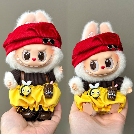 3-Piece Coffee & Bee Outfit for 17cm/6.69inch Labubu – Red Headwrap + Yellow Skirt Overalls + Brown Knit Top (Doll Not Included)