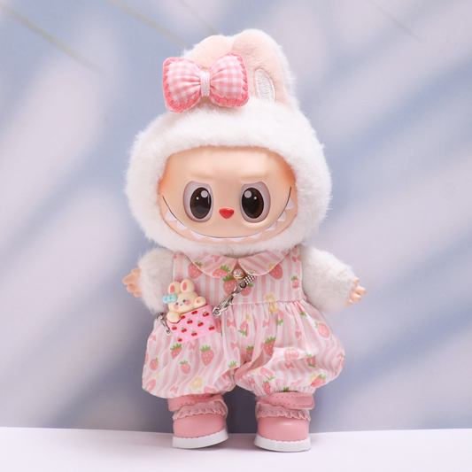Labubu 4-Piece Outfit Set for 17cm/6.69inch Dolls (Pink/Blue, Doll Not Included) – Bow Headband, Romper, Bag Charm & Shoes