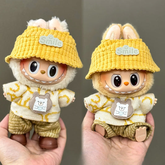 3-Piece Labubu Outfit Set – Yellow "Smile" Bucket Hat + Bear Sweater + Corduroy Pants for 17cm/6.69inch Labubu