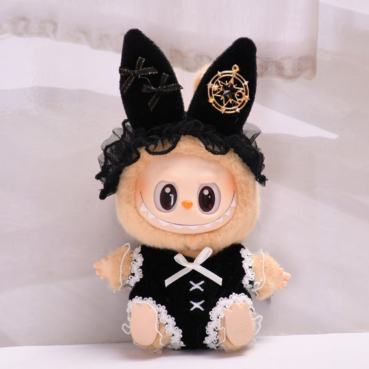 2-Piece Black Bunny Outfit Set for 17cm/6.69inch Labubu Doll – Gothic Lace Jumpsuit + Rabbit Ear Headband (Doll Not Included)