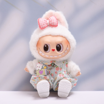 Labubu 4-Piece Outfit Set for 17cm/6.69inch Dolls (Pink/Blue, Doll Not Included) – Bow Headband, Romper, Bag Charm & Shoes