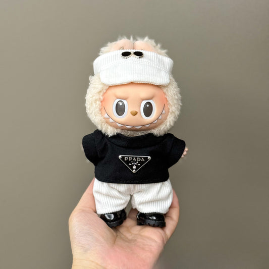 3-Piece Minimalist Outfit for 17cm/6.69inch Labubu – Black Logo Tee + White Corduroy Pants + White Visor (Doll Not Included)