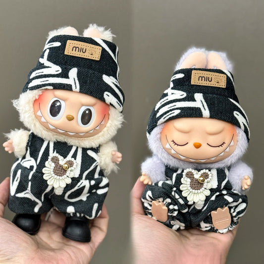 3-Piece Labubu Outfit – Black Graffiti Hat + Heart Daisy Overalls + Shoes Set for 17cm/6.69inch Labubu