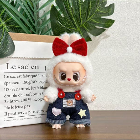 2-Piece Set for 17cm/6.69inch Labubu Doll – Denim Overalls with Star & Heart Patches + Red Bow Hair Clip (Doll Not Included)