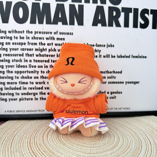 3-Piece Doll Outfit Set – Orange Knit Hat, Hoodie, and Purple Striped Skirt for 17cm Dolls, Cozy Style for Daily Dress-Up (Doll Not Included)