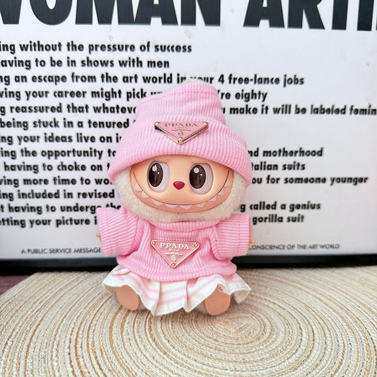 3-Piece Doll Outfit Set for 17cm Labubu – Includes Hat, Sweatshirt, and Striped Skirt – Soft Pink Sporty Style for Everyday Play (Doll Not Included)