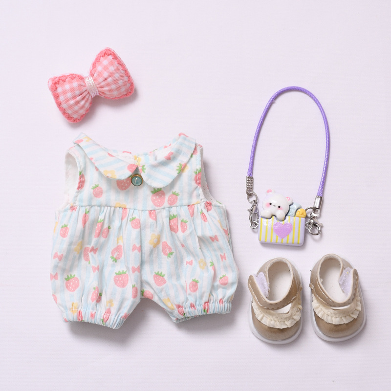 Labubu 4-Piece Outfit Set for 17cm/6.69inch Dolls (Pink/Blue, Doll Not Included) – Bow Headband, Romper, Bag Charm & Shoes