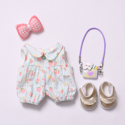 Labubu 4-Piece Outfit Set for 17cm/6.69inch Dolls (Pink/Blue, Doll Not Included) – Bow Headband, Romper, Bag Charm & Shoes