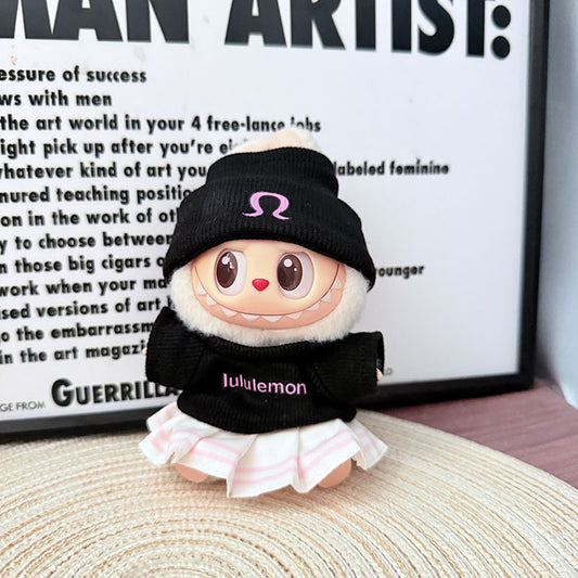 3-Piece Doll Outfit Set – Black Knit Top, Beanie, and Pink-Striped Skirt for Sporty Streetwear Styling (Doll Not Included)