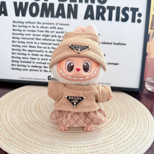 3-Piece Doll Outfit Set – Khaki Sporty Hat, Top, and Plaid Skirt for 17cm Labubu (Doll Not Included)