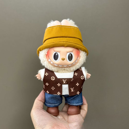 3-Piece Labubu Outfit – Brown Star Vest + Yellow Bucket Hat + Denim Pants Set for 17cm/6.69inch Labubu