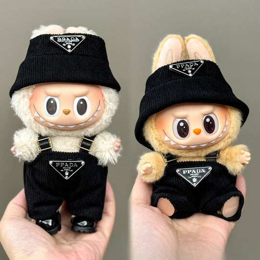 3-Piece Black Streetwear Outfit for 17cm/6.69inch Labubu – Bucket Hat + Overalls + Triangle Patch Detail (Doll Not Included)