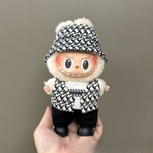 3-Piece Labubu Outfit – Monochrome Penguin Vest + Matching Bucket Hat + Black Pants for 17cm/6.69inch Labubu