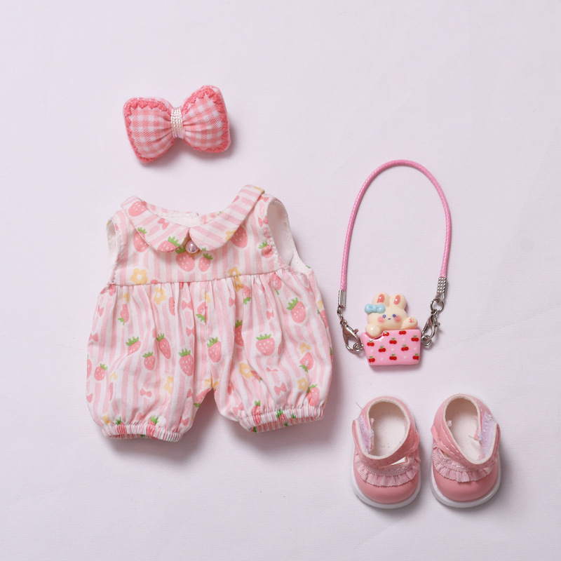 Labubu 4-Piece Outfit Set for 17cm/6.69inch Dolls (Pink/Blue, Doll Not Included) – Bow Headband, Romper, Bag Charm & Shoes