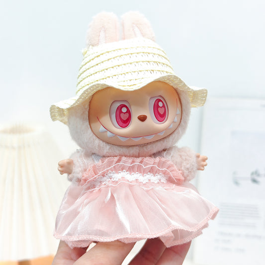 Summer Breeze 2-Piece Outfit for 17cm/6.69inch Dolls – Wavy Straw Hat & Sheer Dress (Doll Not Included)