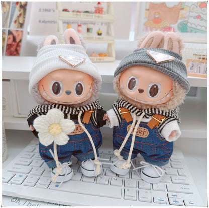 4-Piece Doll Outfit Set – 17cm、6.69inch Labubu Clothes with Hoodie, Denim Overalls, Hat & Shoes