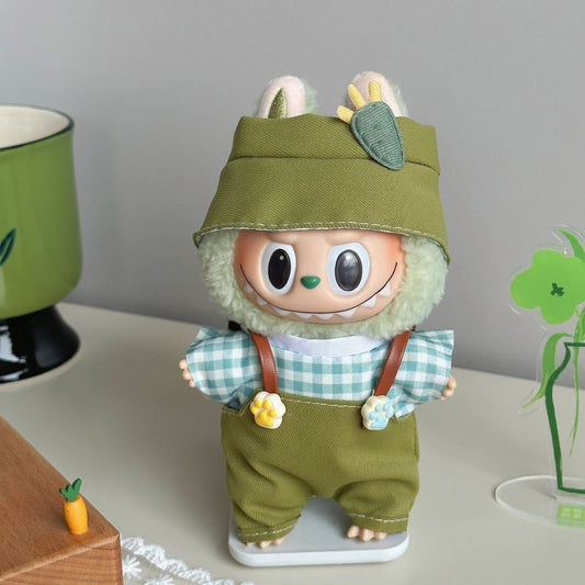 3-Piece Spring Picnic Outfit for 17cm/6.69inch labubu Doll – Green Overalls + Gingham Shirt + Hat | Cute Travel Style Set (Doll Not Included)