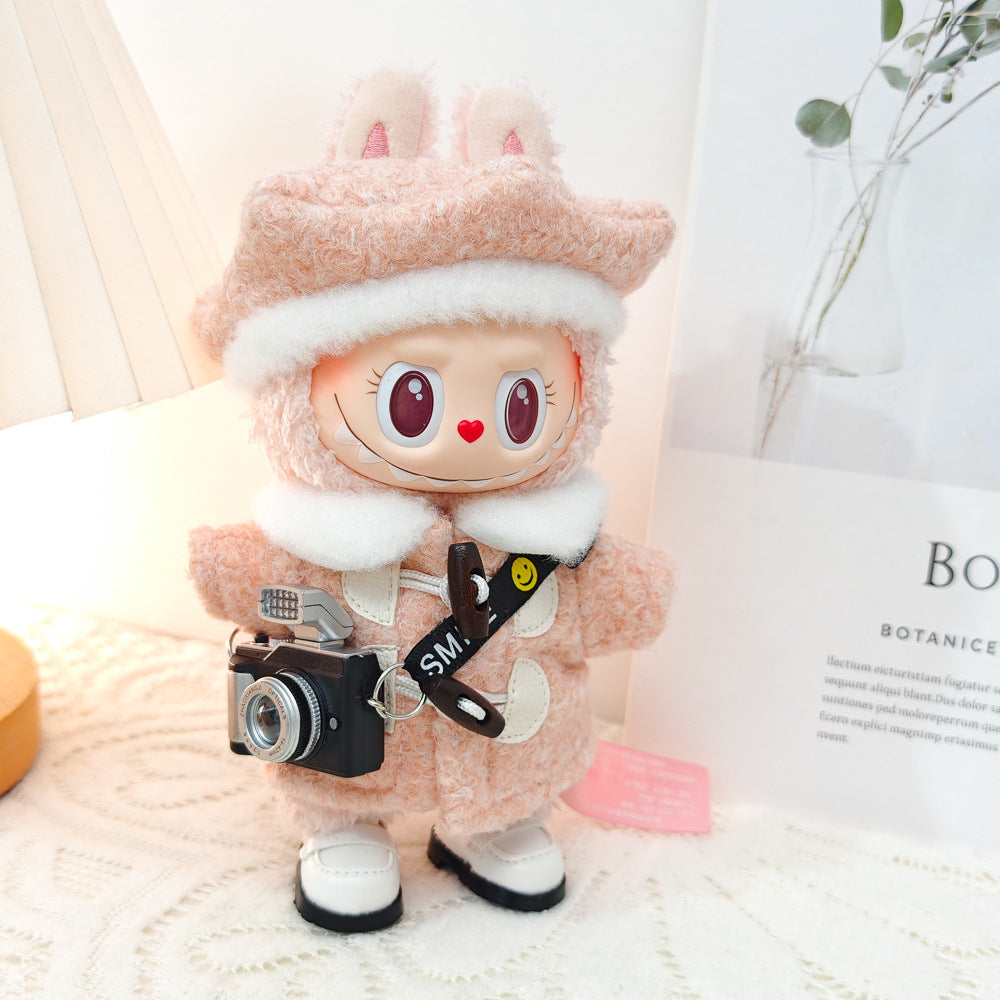 Chic 4-Piece Outfit Set for 17cm/6.69inch Labubu Dolls - Includes Beret, Wool Coat, Camera, and Square-Toe Leather Shoes (Doll Not Included)
