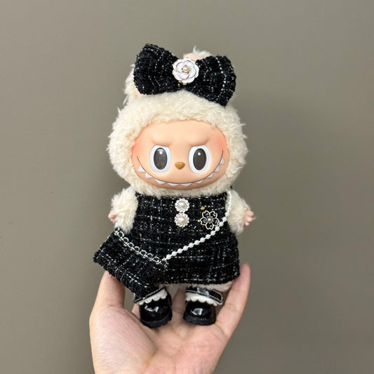 3-Piece Elegant Black Tweed Labubu Doll Outfit Set – Dress, Bow Headband & Shoes for 17cm Dolls (Doll Not Included)