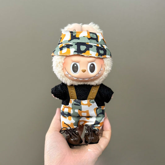 3-Piece Camouflage Outfit for 17cm/6.69inch Labubu – Streetwear Cap + Black Tee + Camo Overalls (Doll Not Included)