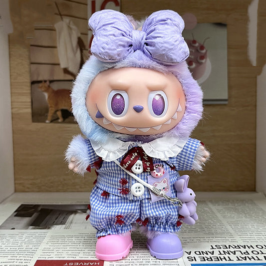 5-Piece Pastoral Outfit Set for 17cm/6.69inch Labubu Doll – Includes Gingham Top & Pants, Bow Headband, Colorful Boots, and Bunny Crossbody Bag (Doll Not Included)