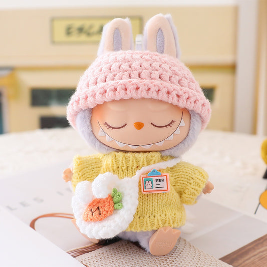 3-Piece Labubu Doll Outfit – Knit Pink Bunny Hat + Yellow Sweater + Cute Carrot Bag for 17cm/6.69inch Doll – Doll Not Included