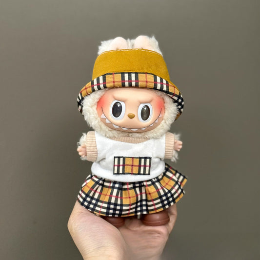 3-Piece Labubu Outfit – Plaid Bucket Hat + Matching Top + Pleated Skirt for 17cm/6.69inch Labubu