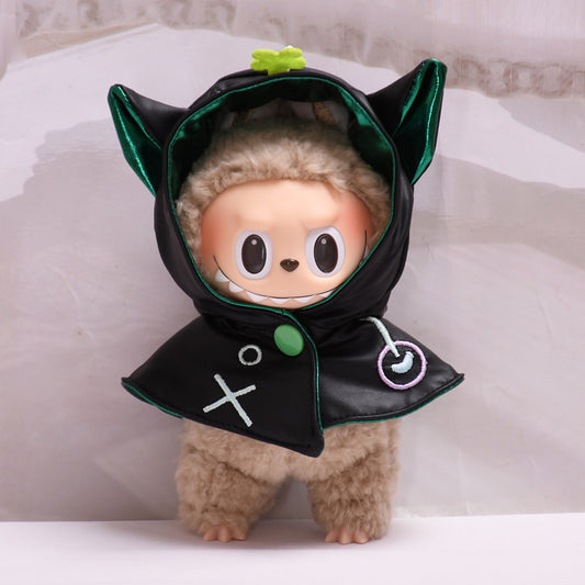 1-Piece Halloween Cloak for 17cm/6.69inch Labubu Doll – Black & Green Cat-Ear Cape, Cosplay Accessory (Doll Not Included)