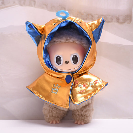 1-Piece Blue & Yellow Cape for 17cm/6.69inch Labubu Doll – Metallic Halloween Cloak with Cat Ears (Doll Not Included)