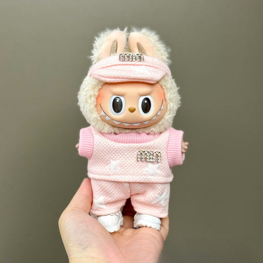 3-Piece Pink Sparkle Star Outfit for 17cm/6.69inch Labubu – Rhinestone Cap + Knit Top + Star Pants (Doll Not Included)