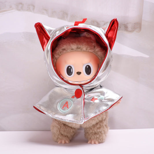 1-Piece Silver & Red Space Cape Costume for 17cm/6.69inch Labubu Doll – Metallic Hooded Cloak with Ears (Doll Not Included)