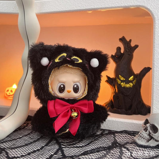 Halloween Black Cat Cloak Set for 17cm/6.69inch Labubu Doll – Fluffy Hooded Cape with Red Bow and Bell (Doll Not Included)