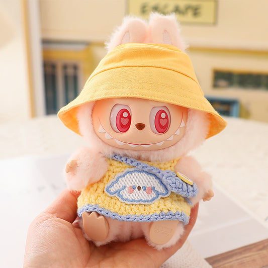 3-Piece Yellow Outfit for 17cm/6.69inch Labubu Doll – Knit Dress, Shoulder Bag & Bucket Hat (Doll Not Included)