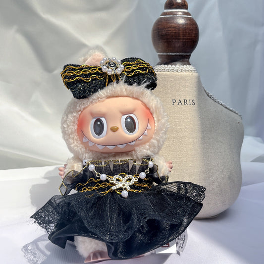 3-Piece Elegant Black Lace Dress Set for 17cm/6.69inch Labubu Doll – Includes Skirt, Necklace & Bow Clip (Doll Not Included)