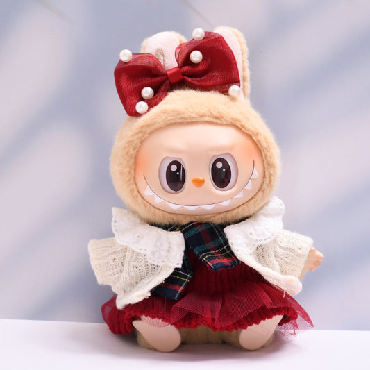 3-Piece Winter Outfit for 17cm/6.69inch Labubu Doll – Red Bow Dress, Plaid Scarf & Knit Cardigan (Doll Not Included)