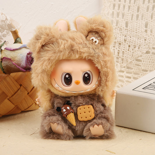 3-Piece Labubu Cookie Bear Outfit Set – Fuzzy Overalls with Ice Cream & Biscuit Decorations + Bear Hoodie (Doll Not Included)