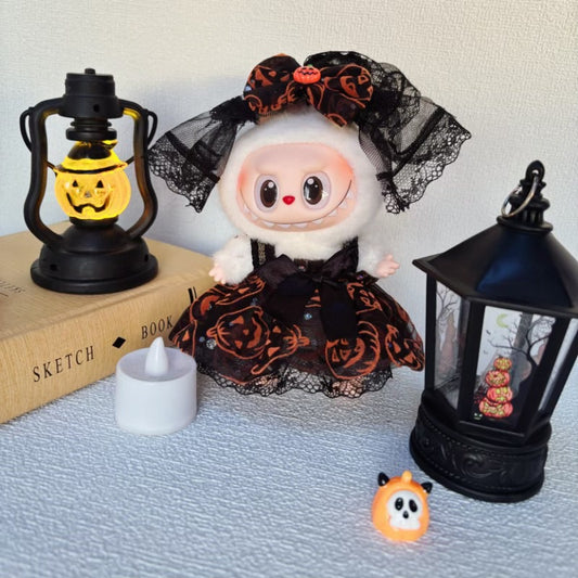 2-Piece Halloween Doll Outfit Set – Pumpkin Print Dress & Lace Veil for 17cm Dolls (Doll Not Included)