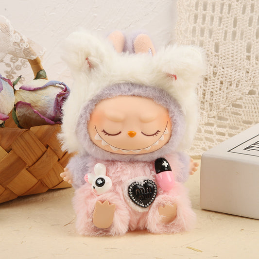 4-Piece Bunny Capsule Style Doll Outfit Set – Fuzzy Romper + Plush Hat + Heart Decor + Accessories (Not Including Doll)